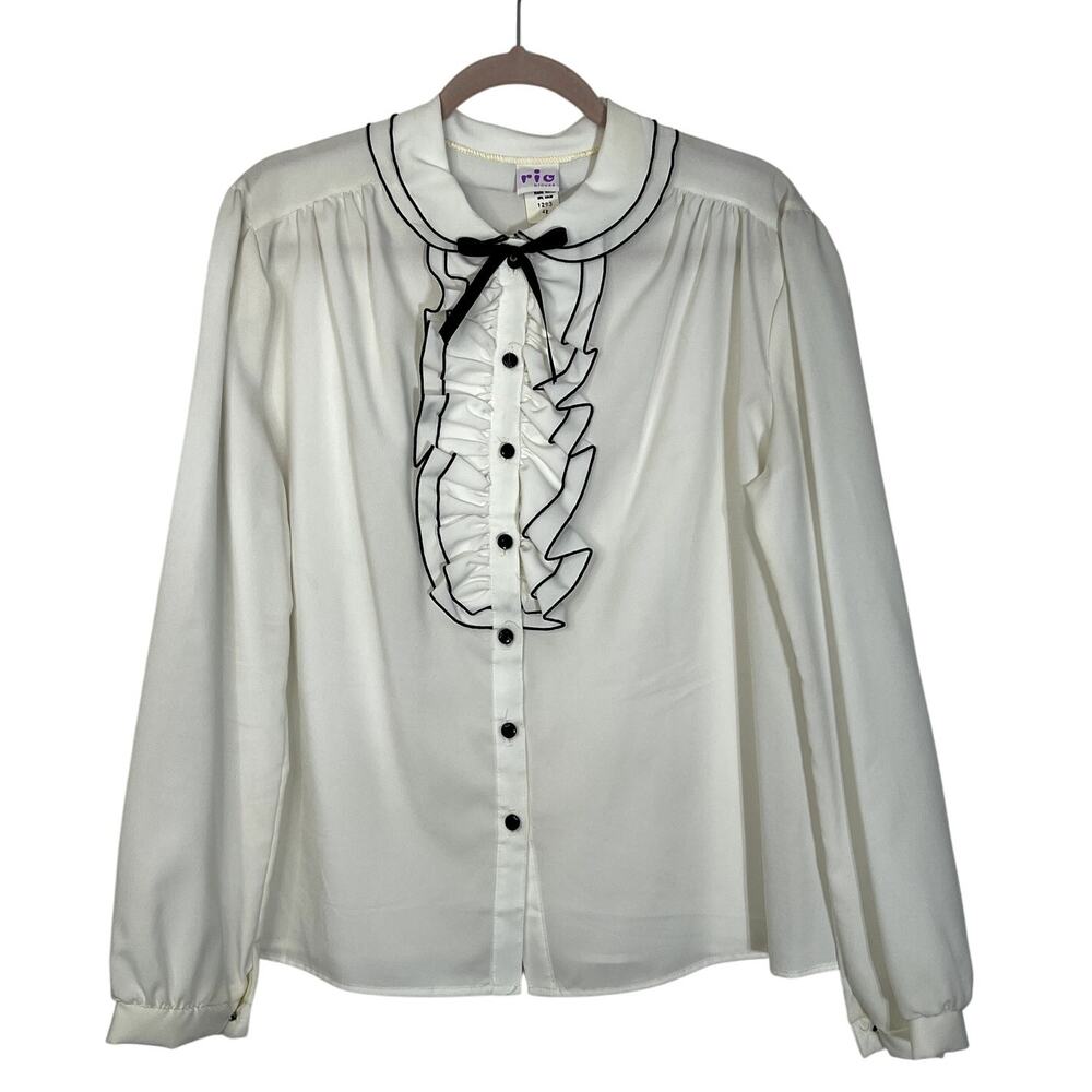 VTG Rio Blouse White w/Black Details Long Sleeve Tuxedo Loose Blouse Top Size XL
